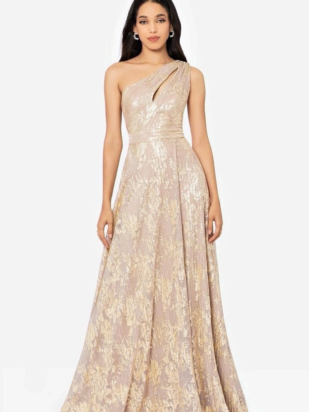Betsy & Adam “ZAYNA" METALLIC KNIT ONE SHOULDER KEYHOLE DRESS